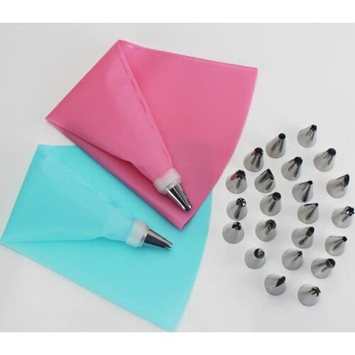 26 PCS/Set Silicone Pastry Bag Tips Kitchen DIY Icing Piping Cream Reusable Pastry Bags +24 Nozzle Set Cake Decorating Tools