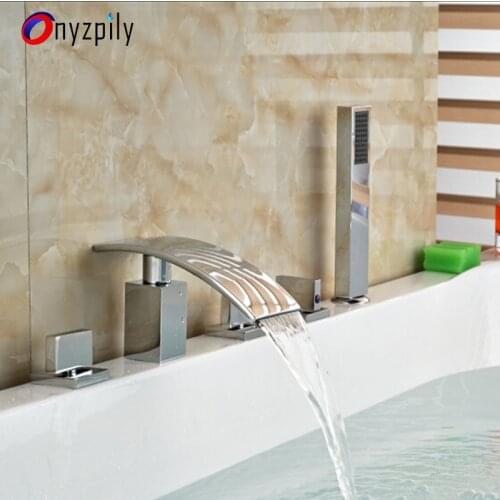 Onyzpily Bathtub Faucet Waterfall Spout 5 pcs Chrome Mixer Taps Bathroom Shower Faucet with ABS Handshower