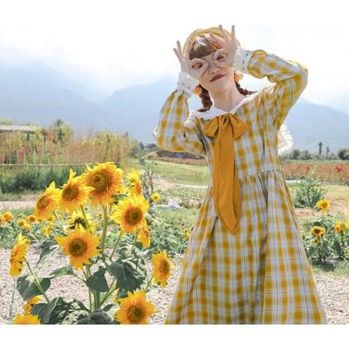 MAGOGO Navy Collar Dress Japanese JK Bow Knot Plaid College Style Yellow Dress