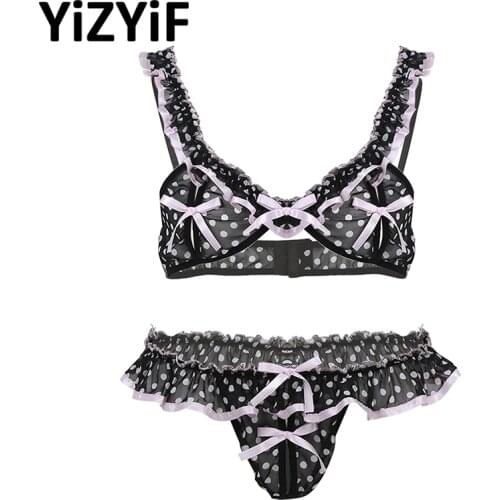 Bikinis Men Lingerie Sissy panties Chiffon Elastic Frilly Ruffled Spots Bikini Bra Top with Crotchless T-Back thong Underwear