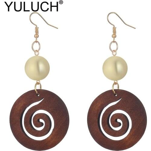 YULUCH Ethnic African Indian Boho Brown Gold Beads Long Pendant Earrings Round Natural Hollow Wood Cloud Pattern Dangle Earrings