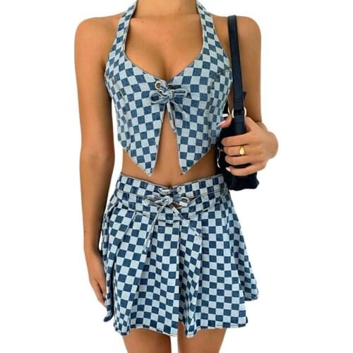 Womens Mini Sexy Denim Skirt High Waist Plaid Printed Hollow Lace-up A-line Skirt Sexy Temperament Denim Skirt Harajuku Skirt