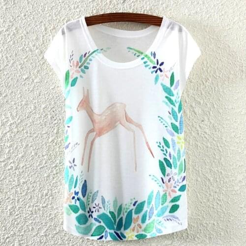 Womens Short Sleeve Summer Tshirt Cartoon Panda Deer White Tee Animal Print Graphic T-Shirt Womens Cotton Blend Shirt Top