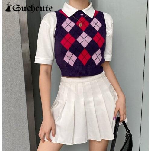 SUCHCUTE Argyle Plaid Sweater Vest For Women Y2K O Neck Sleevelss Knitted Vests Streetwear Autumn 2020 Ladies Purple Pullover