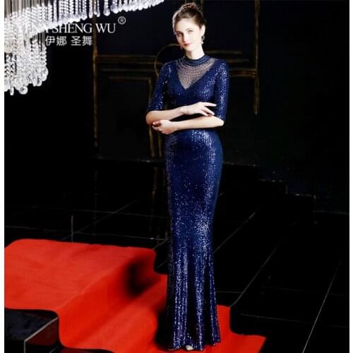 Long Gowns Dresses Female Sexy Sequined Half Sleeves Party Gowns Royal Rear Zipper Prom Clothing Vestido De Noche New Plus Size