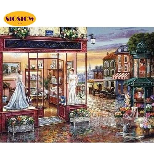 5D Diamond Painting Full Round City Street House Diamond Embroidery Shop Cross Stitch Landscape Rhiestones Art Hobby Wall Decor