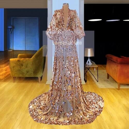 Sparkly 2020 Illusion Arabic Mermaid Evening Dress Floor-Length Beaded Sequins Prom Dress Vestido de festa Formal Dress Dubai