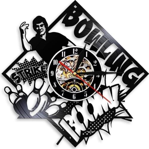 Bowling Club Art Decorative Wall Clock Black Vinyl Record Wall Clock Bowler Strikes Bowling 3D Wall Watches Clocks Wall Decor