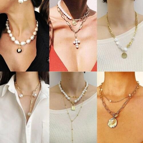 Vintage Multi-layer Coin Chain Choker Necklace For Women Gold Color Fashion Natural Pearl Portrait Pendant Necklaces Jewelry