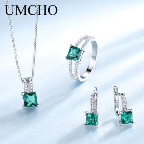 UMCHO Elegant 925 Sterling Silver Necklaces Rings Earrings Square Created Emerald Wedding Jewelry Sets For Women With Box Chain