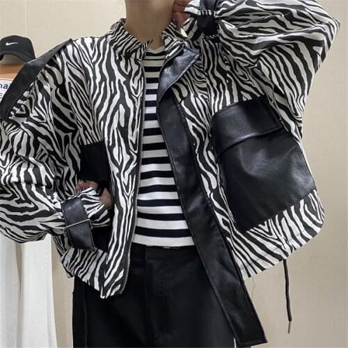 Autumn Black Zebra Pattern Print Patchwork Faux Pu Big Pocket Leather Jacket Loose Casual Long Sleeve Female Jaqueta Feminina