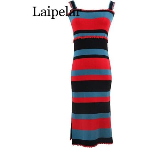 Laipelar New Fashion 2020 Slim Summer Striped Print Knitted Cotton Sheath Midi Dress Women Spaghetti Strap Casual Party