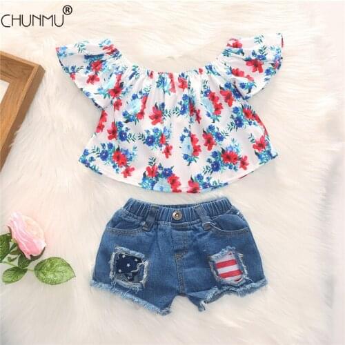 Summer Girl Clothes Set One Shoulder Floral Top + Denim Shorts Set Princess Kids Birthday Custume Set For 1-6 Year Old Girls