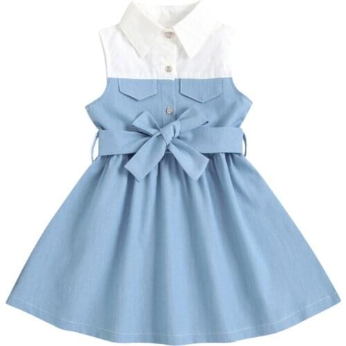 Lovely Girls Sleeveless Dress with Belt Fashion Contrast Color Single-breasted A-line Dress Patchwork Turn-down Collar Dresses