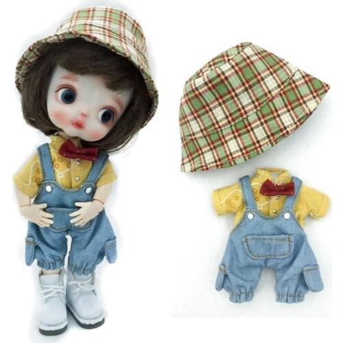 Fashion doll clothes Shirt Suspender Pants Fisherman Hat for obitsu 11/gsc/pd9/Molly,bjd 1/12 Dolls Accessories OB11clothes