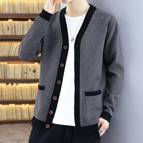 2021 Autumn Mens Casual Striped Cardigan Sweaters Man England Style V-Neck Single Breasted Slim Fitted Stretch Knit Coat Male