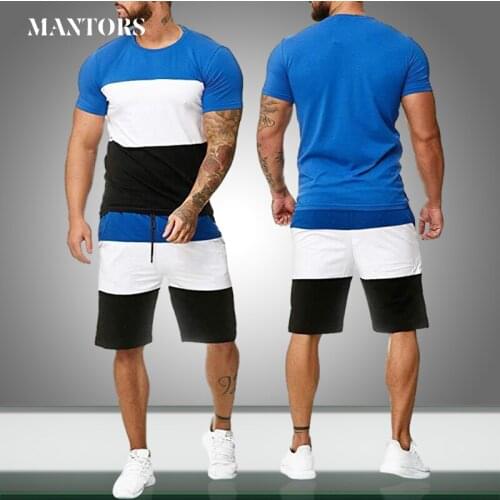 2020 New Men Sets Tracksuits Jogger Summer Solid Patchwork Casual Tshirts + Shorts Sports Set Male 2 Pieces Sweat Suits Clothing