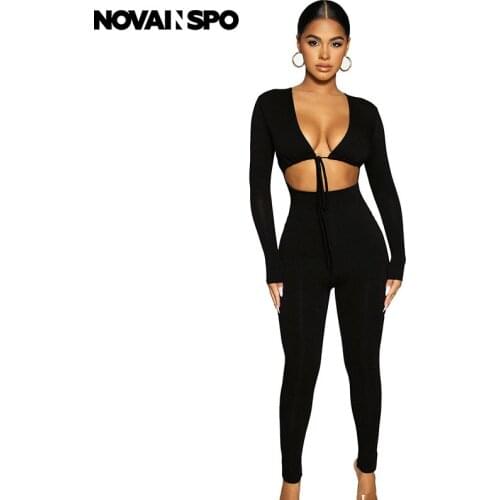 NOVAINSPO Black Solid Long Sleeve Tie Front Hollow Out Jumpsuits Skinny Fashion Casual Streetwear Tight Outfits Women Jumpsuit