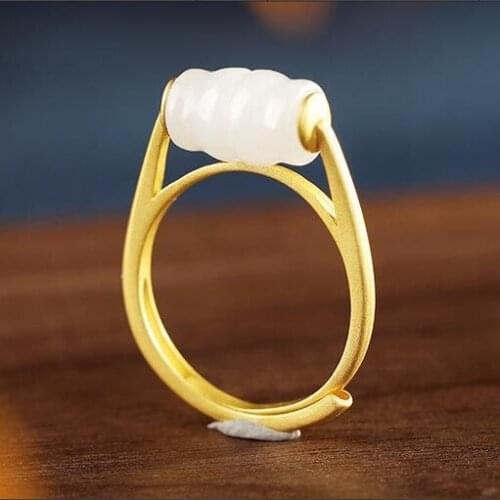 SNew silver inlaid natural Wada white Chalcedony ring irregular shape cold wind charm temperament women opening adjustable