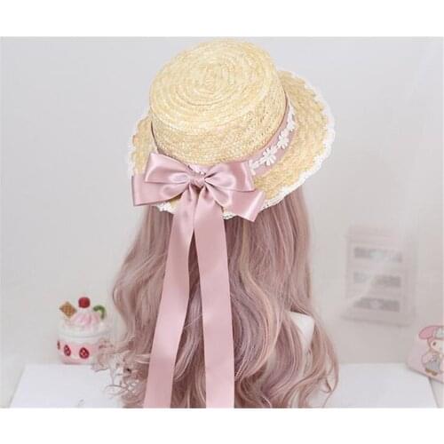 Mori Girl Cute Big Bow Lace Ribbon Lolita Straw Hat Sweet Princess Lolita Flat Cap Beach Cap B1527