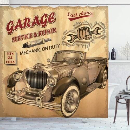 Vintage Nostalgic Car with Garage Service and Repair Store Phrase Dated Faded Print, Cloth Fabric Bathroom Décor