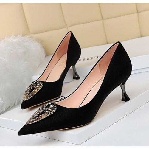 Sexy Banquet Womens Shoes Metal Heel Stiletto High Heel Shallow Mouth Pointed Toe Rhinestone Buckle Single Shoes High Heels