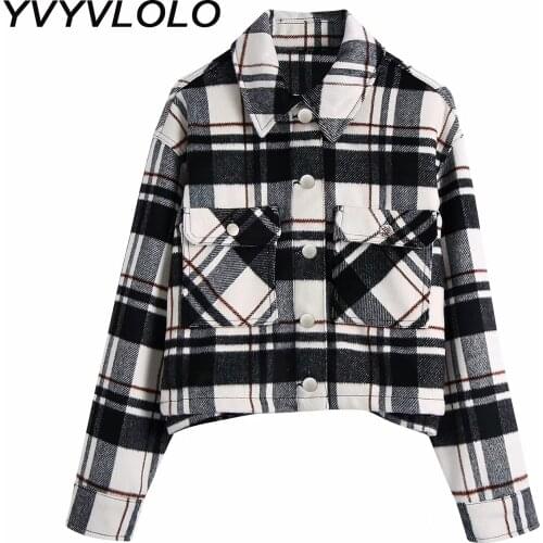 2021 Women Winter Fashion Plaid Black Za Short Jackets Oversize Female Stylish Back Chain Double Pockets Woolen Loose Outwear
