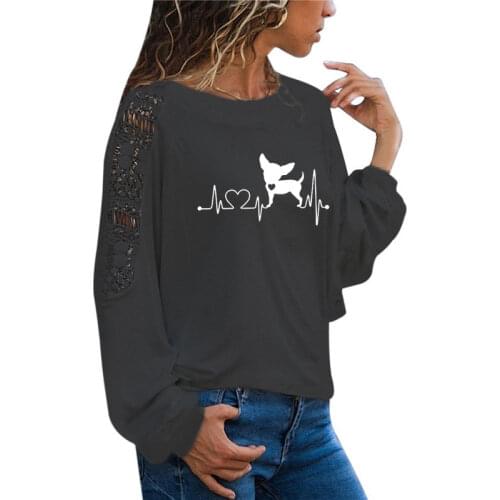 LOVE ECG Cute Dog Women T-shirts Long Sleeve tee shirt femme Female T shirt women Large Size Loose Lace Tee