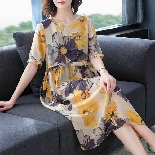 Women Summer Silk Casual Dress Elegant Print Plus Size Dress Short Sleeves O-neck Print Womens Dresses Fashion Vestido 2020