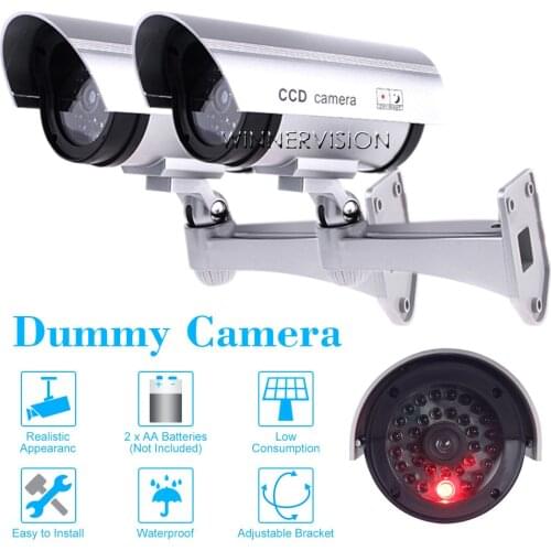 2 PC CCTV Security Bullet Camera Fake Camera Dummy Emulational Camera Waterproof Outdoor With Flash light n Warning Label