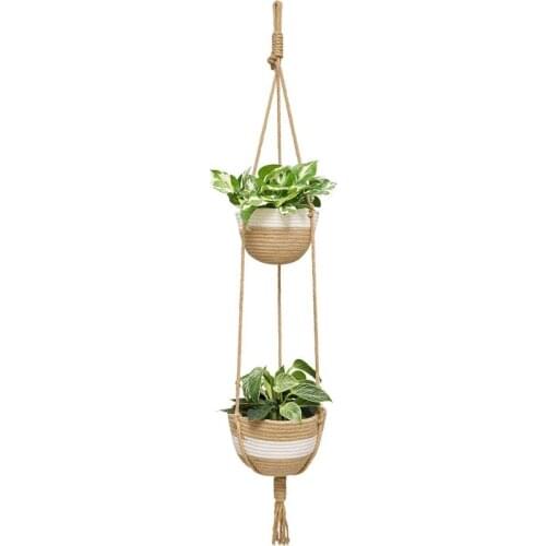 2 Tier Hanging Planter Basket,Boho Woven Plant Hanger Double Macrame Flower Pot ,Rattan Storage Organizer Home Decor