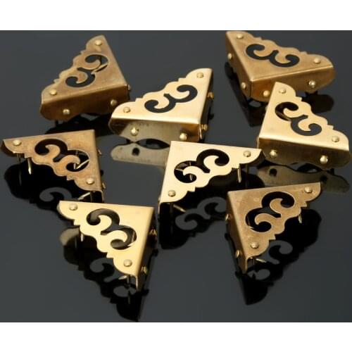 4Pcs Brass Cabinet Furniture Hardware Trunk Corner Brackets Protector Guard Hollow Jewelry Box Case Chest Desk Edge Covers Decor