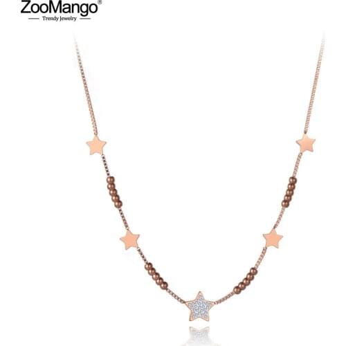 ZooMango Bohemia Stainless Steel 5Pcs Stars CZ Crystal Pendant Necklaces For Women Fashion Rhinestone Choker Necklace ZN19177