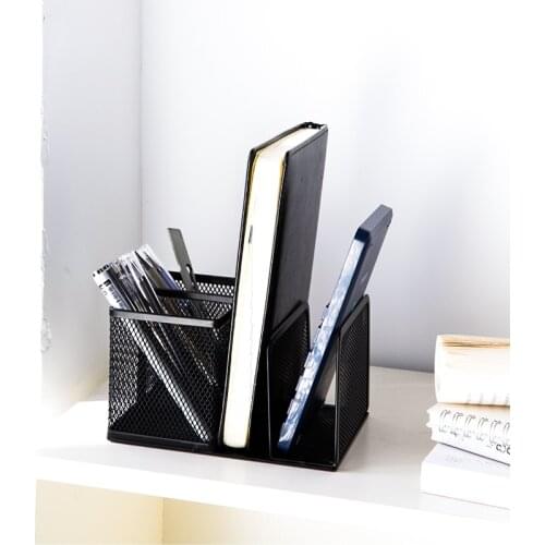 Deli Bookend + Pen Holder Pencil Stand Metal Grid Creative Desktop Storage Office School Supplies Porta Caneta Black 8917
