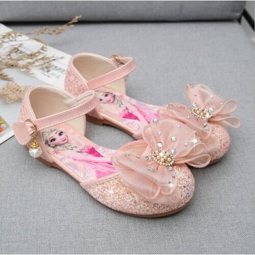 Disney Frozen Crystal Shoes For Baby Girls Elsa Princess Kids Leather Shoes High Heel Summer Sandals Butterfly Knot Party Dress