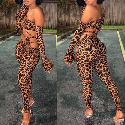 Pant Suits Leopard Womens Sexy Slanted Shoulder Print Lace Up Set Cotton Blend Summer 2021 Sport Fashion Suit Костюм Женский
