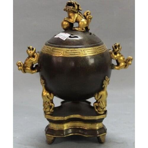 Xd 002515 8" Marked Chinese Purple Bronze 24K Gold Door Lion Beast Incense Burner Censer