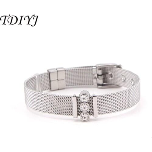 TDIYJ Crystal Keeper Bracelet Set With Stainless Steel Mesh Armband Rubber Stopper Sparkling Trio Slide Charms for Lovers' Gift