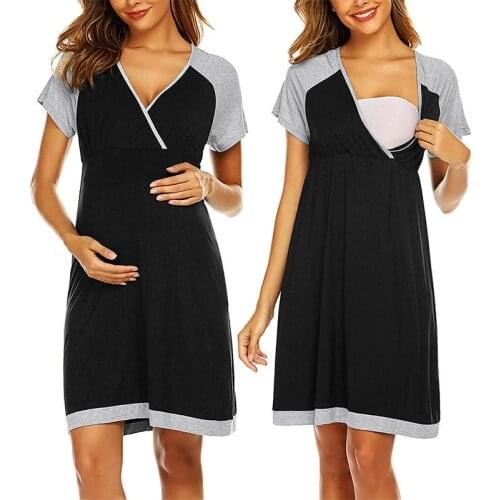 2021 summer new European and American womens color matching V-neck mid-length breastfeeding pregnant women dress