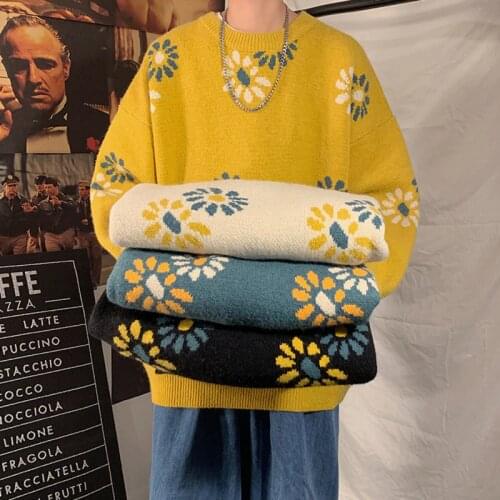 2020 Autumn And Winter New Men Color Knitting Flower Fashion Casual Round Neck Sweater Loose And Simple Coat Size