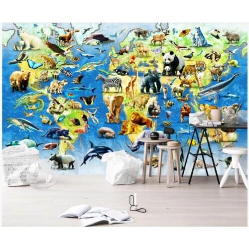 Custom photo wallpaper 3d murals wallpaper for walls 3 d Animal world map childrens room background wall Cartoons mural decor