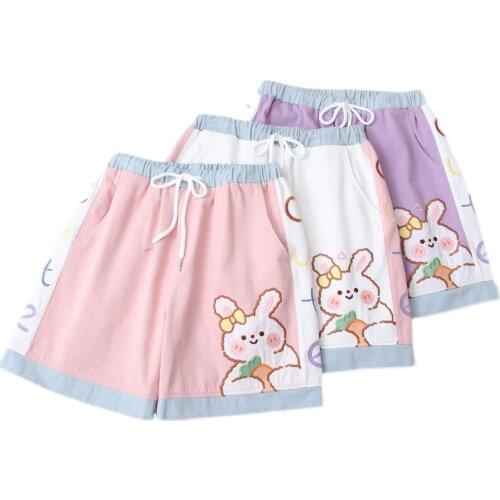 Cartoon Rabbit Embroidery High Waist Casual Women Cotton Shorts 2021 Summer Chic Drawstring Ladies Basic Kawaii Cute Bottoms