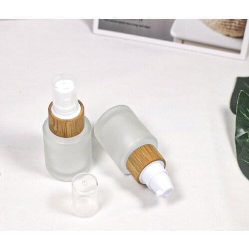 20ml Transparent Frosted Glass Lotion Pump Bottle Cosmetic Natural Wood Bamboo Cap Spray Packaging Container