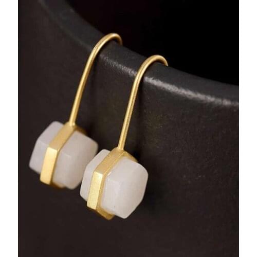 Pure S925 Silver Earrings Natural White Jadeite Geometry Dangle Earrings