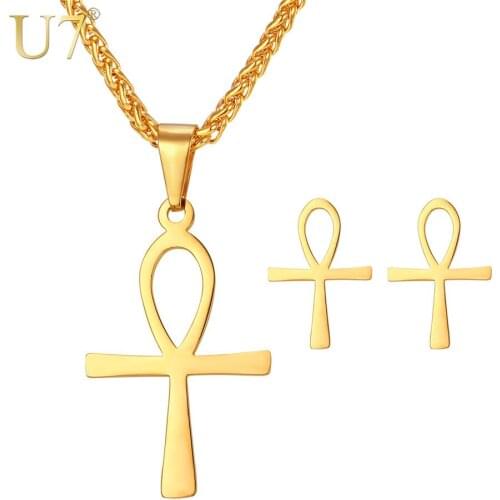 U7 Cross Key of the Nile Pendant Necklace & Earrings Egyptian Jewelry Set For Women Gift S1009