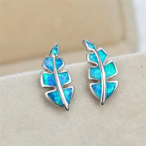 Vintage Silver Color Stud Earrings Dainty Leaf Small Stone Earrings Minimalist Female White Blue Opal Earrings For Women Wedding