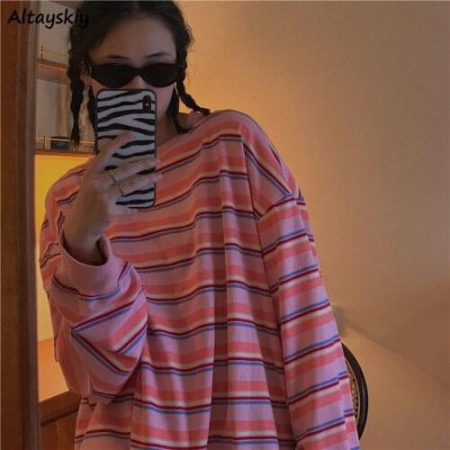 Pink T-shirts Women Striped Butterfly-embroidery Chic Loose Soft Cozy BF Japanese Style Ins Harajuku Female Top Popular Retro