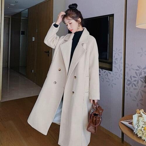 2020 Autumn Winter Womens Korean Woolen Coat Solid Double Breasted Loose Black Mid-Length Outerwear Female Mujeres Abrigos Z773