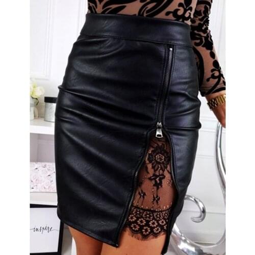 2019 Winter Sexy PU Shinny Skirts Zipper Split Hollow Out High Waist Mini Short Skirt Stretch Party Vestidos Leather Skirt Saia