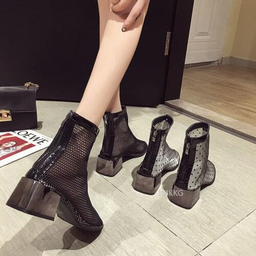 2021 Women Summer Boots Woman Breathable Ladies Mesh Shoes High Heel Hollow Zipper Short Boots Black Ankle Botas